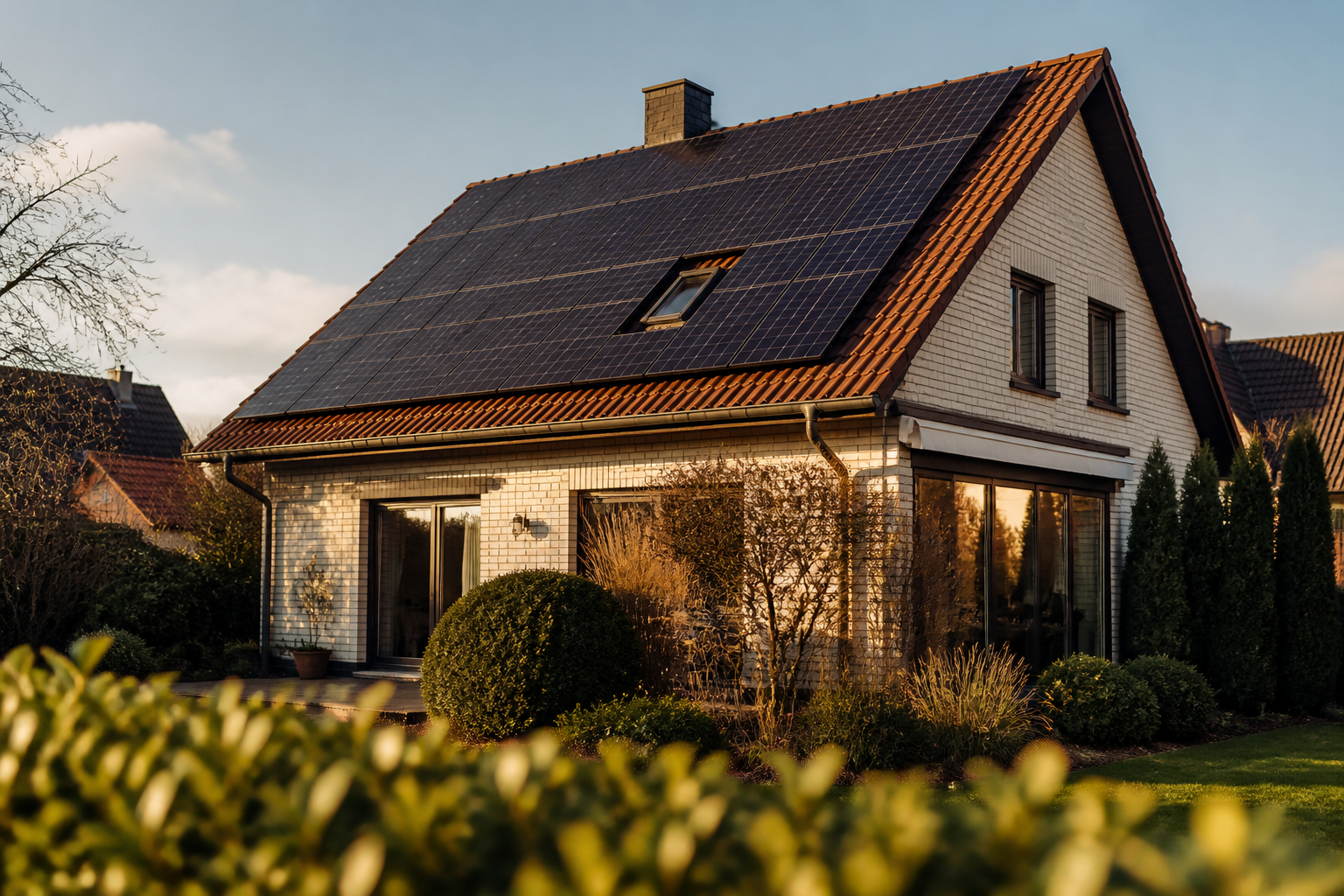 Niederrhein-Einfamilienhaus mit Photovoltaik-Anlage im Abendlicht
