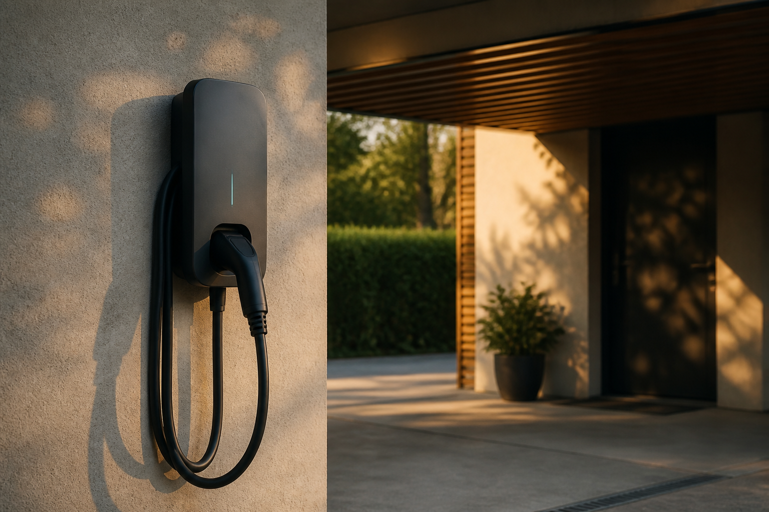 Wallbox-Ladestation an der Hauswand eines Eigenheims