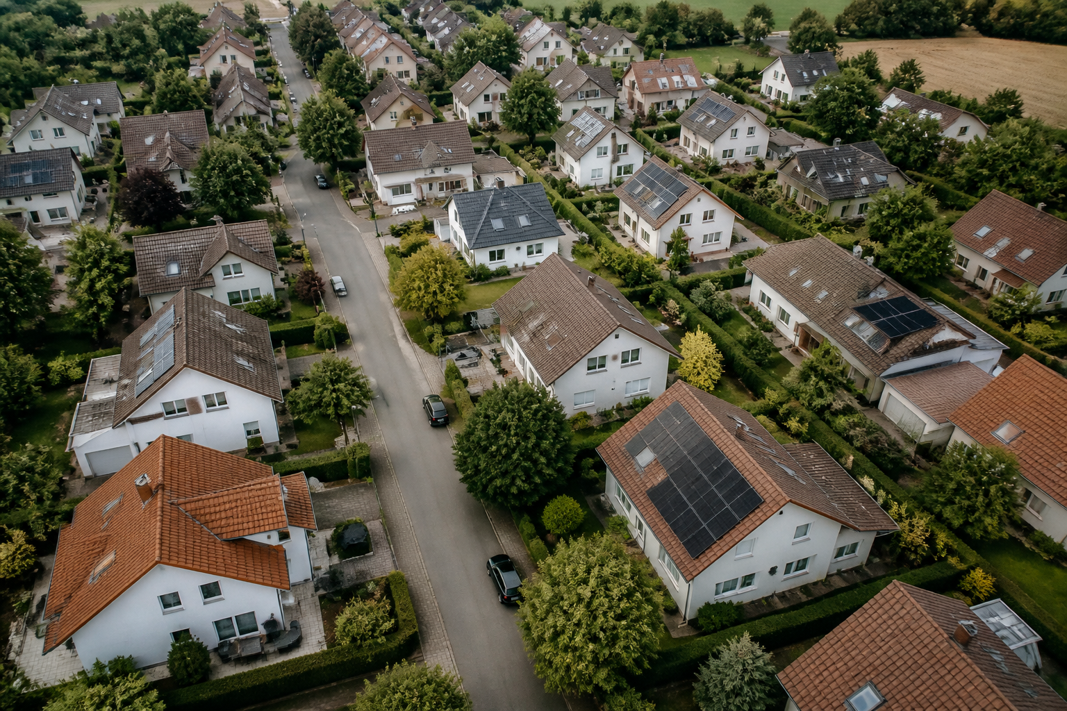 Luftaufnahme einer Niederrhein-Wohnsiedlung mit Mix aus Häusern mit und ohne Solar
