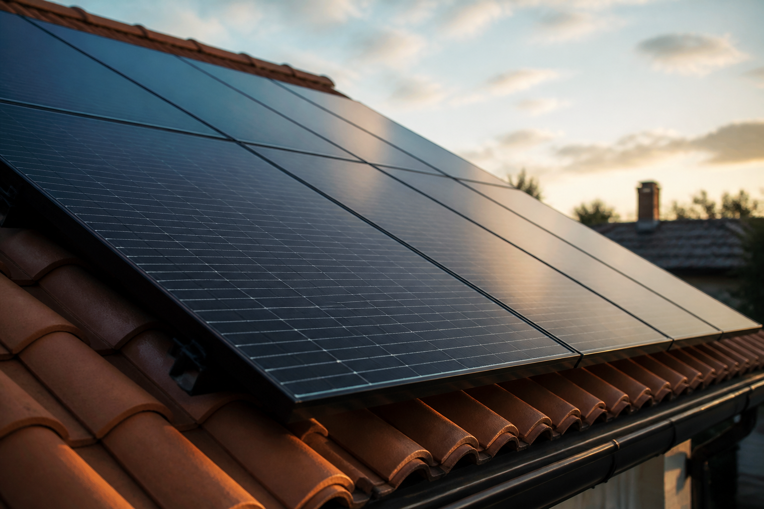 Photovoltaik-Module auf einem Niederrhein-Hausdach im Abendlicht