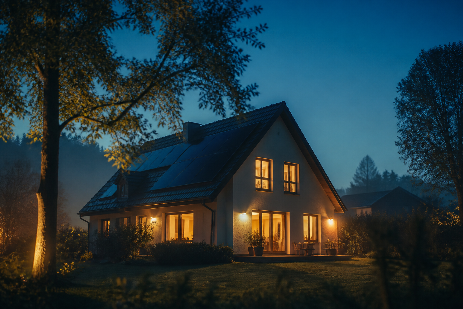 Niederrhein-Einfamilienhaus mit Solar-Dach zur blauen Stunde, warmes Licht aus den Fenstern